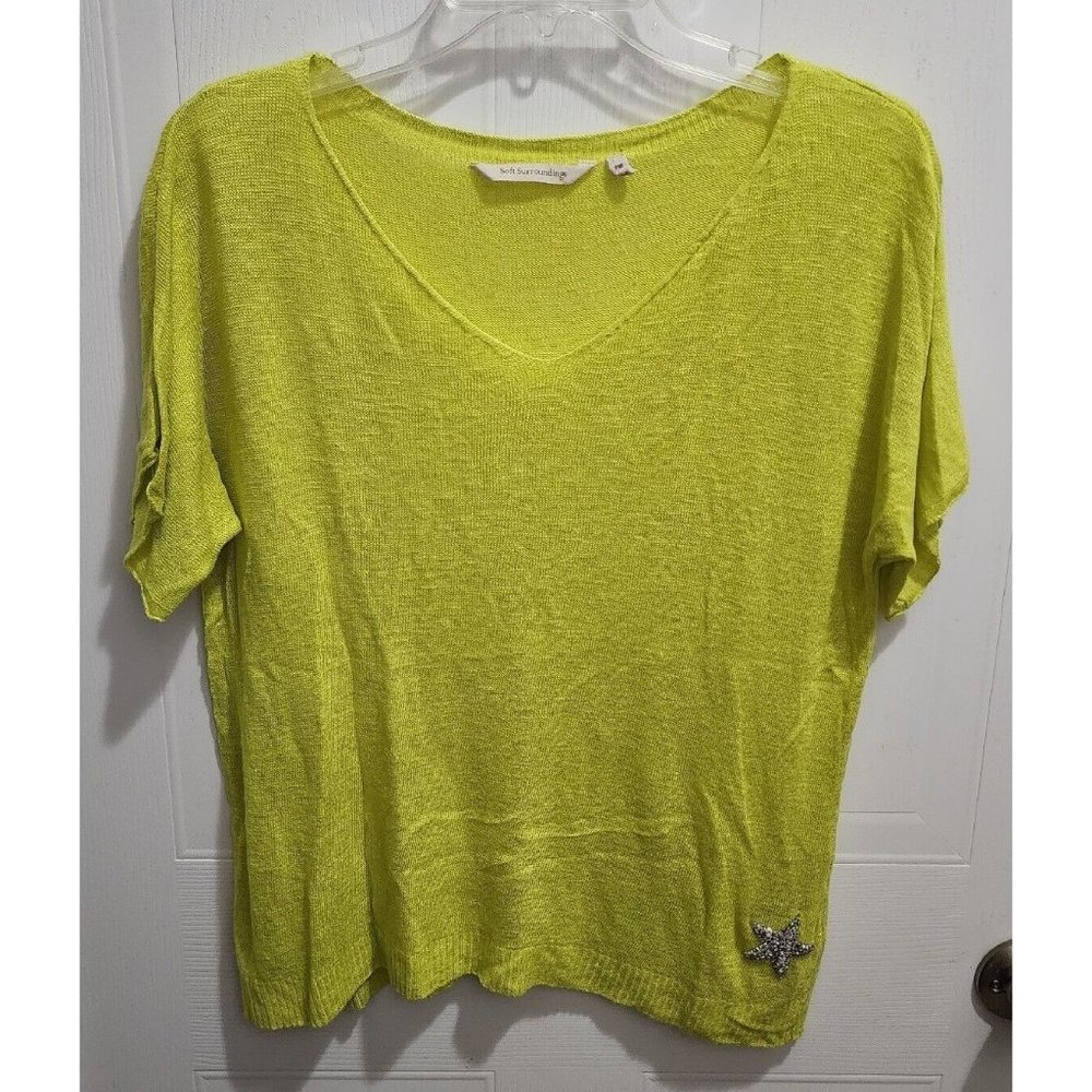 Soft Surroundings Women's Linen Blend S/S Tunic Top Lime Green Star Embellish PM